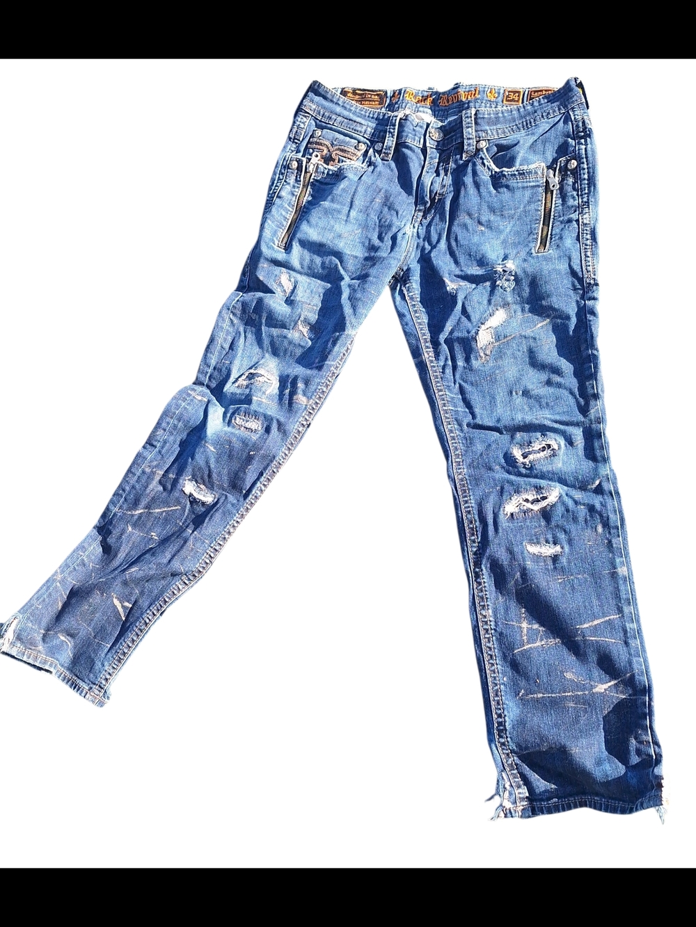 Rock Revival Jeans Blue Denim Easy Bootcut Jeans Embroidered Accents Men's 34